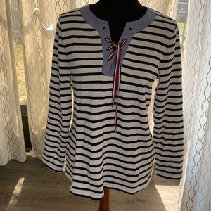 TOMMY HILFIGER Long Sleeve Crew Neck Lace-up Striped White/Navy Top Size M